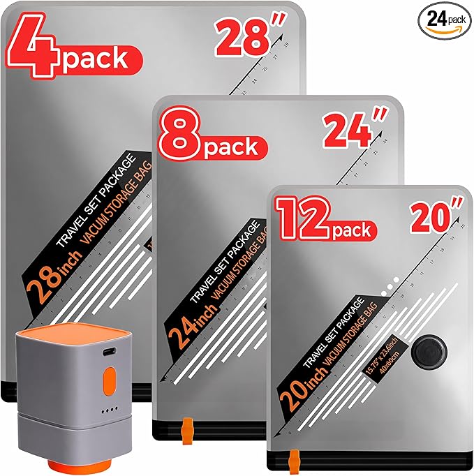 Travel Vacuum Storage Bags with Rechargeable Cordless Pump, Portable Compression Packing Seal Bags, Space Saver Packing Bag for Travel, Vacuum Seal Bag for Home Clothing Luggage Storage, 24 Combo Set