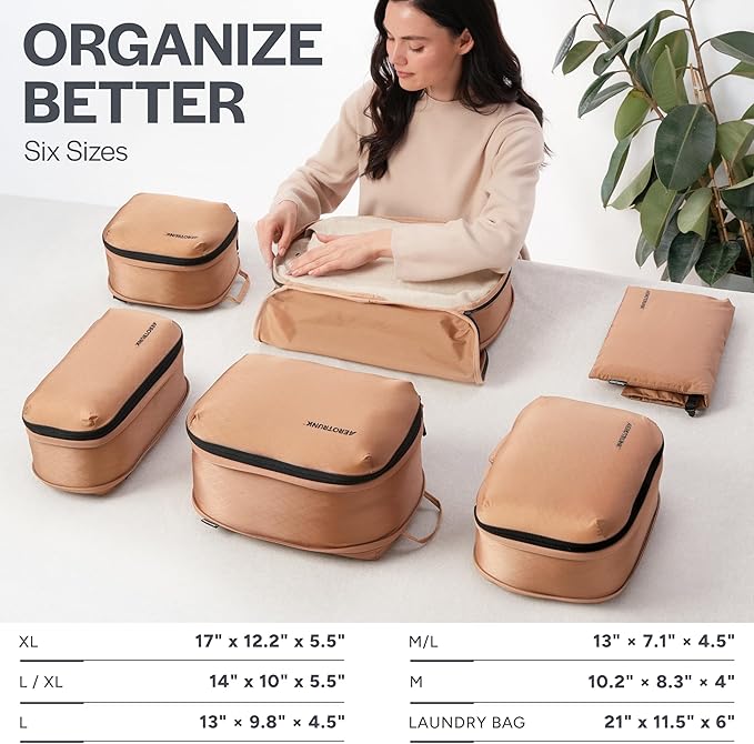 Aerotrunk Ultralight Compression Packing Cubes - Lightweight Travel Organizers for Suitcases and Luggage (6-Pack, Mocha)