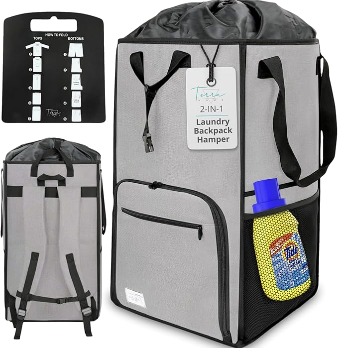 Terra Home Portable Extra Large Laundry Bag, College Dorms Apartment Essentials with Chest Strap, Shirt Folding Board Collapsible Foldable Laundry Bag, Clothes Hamper College Student Gifts (Grey)
