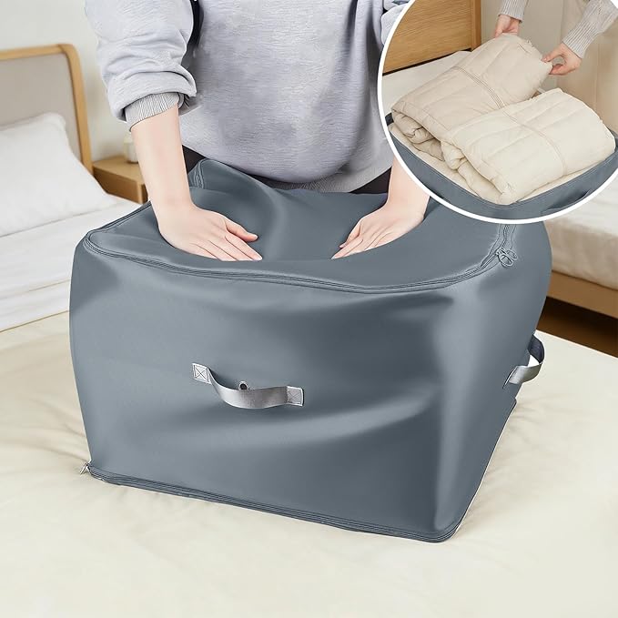 4PCS Comforter Storage Bag 125L Large Capacity Blanket Storage Bags 2-Layer Ultra Space Saving Self Compression Organize Closet Organizers for Comforter Blanket Duvet Down Jacket (Gray)