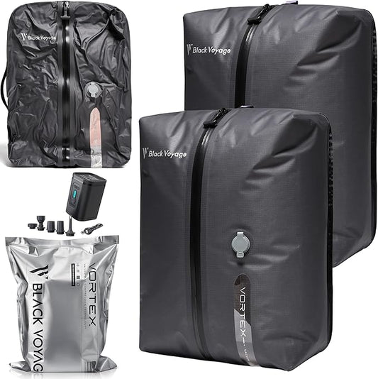 Black Voyage Reusable Vacuum Compression Travel Bag for Carry-On Suitcase and Backpack, Recycled IP67 Waterproof Space Saver Vacpack (2-Pack, 18L - Pump Included)