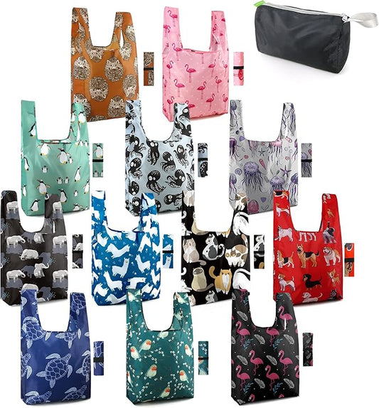 BeeGreen Reusable Grocery Bags Foldable 12 Pack Large Cute Totes - Heavy Duty Washable Holiday Cloth Gifts Bag with Handles, Reusable Gift Bulk Shopping Bags for Groceries for Women Animal Lover