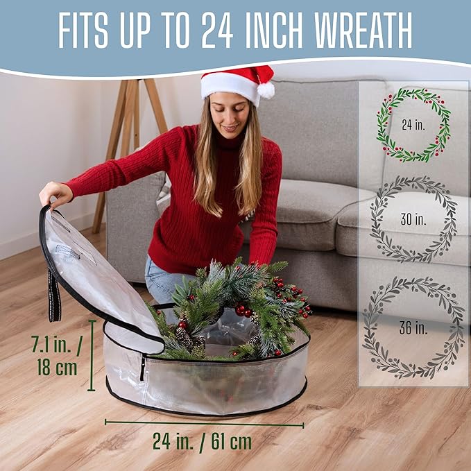 VENO 24 Inch Wreath Storage Container, 4 Pack Clear Round Christmas Wreath Storage Bag, Heavy Duty Clear Holder with Wall Hanging Handles