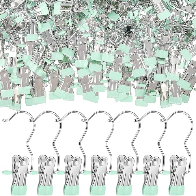 Yinder 150 Pcs Boot Hangers Clips Laundry Hooks Hanging Stainless Steel Clothes Pins Portable Clip Hangers for Closet Travel Socks Pants Handbags Hats Towels (Light Green)