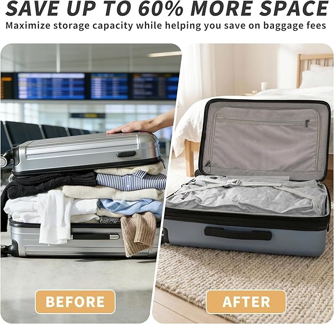 Vacuum Bag for Travel, Professional IPX8 Waterproof Reusable Vacuum Compression Bags for Travel Suitcases, Durable Space Saver Bag(2 PACK TPU Gray,With Pump)