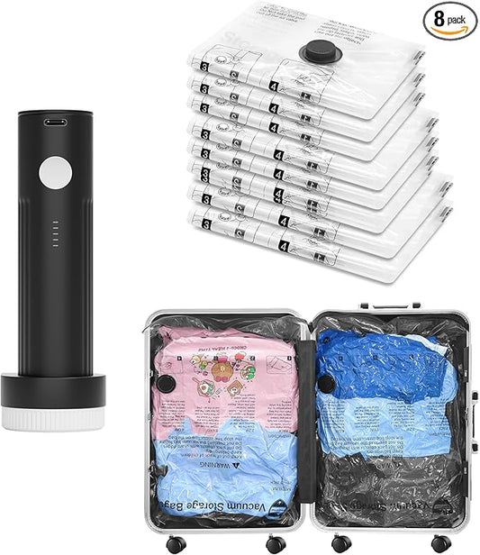 Vacuum Seal Bags for Clothing Travel and Home Storage, Travel Vacuum Bags with Electric Pump, Space Saver Compression Packing Cubes for Luggage Suitcase Bedding Blankets Clothes, 8 Combo