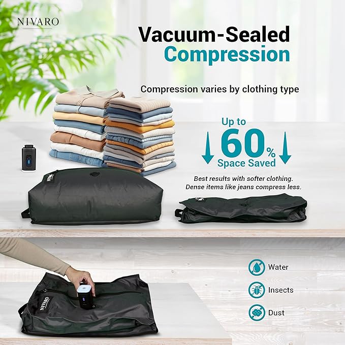 Travel Vacuum Compression Bags | Large 30L 1-Pack | Waterproof & Reusable | Space Saver Bags for Luggage | Wireless Pump Included