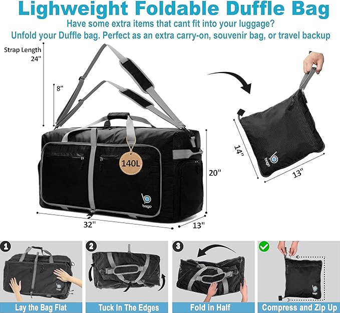 Bago Extra Large Duffle Bag for Travel Women & Men. Durable, Lightweight, Foldable Travel Duffel Bags For Traveling Women. 140L Duffle Bags Use As a Weekender Bag with Shoe Compartment, Checked Duffel