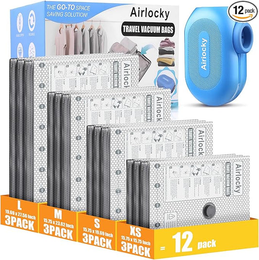 Travel Vacuum Storage Bags with Pump, 12 Pack Carry-on Compression Packing Bags + Portable Electric Pump, 80% Space Saver of Clothes, Vacuum Seal Bags for Clothing Travel Luggage