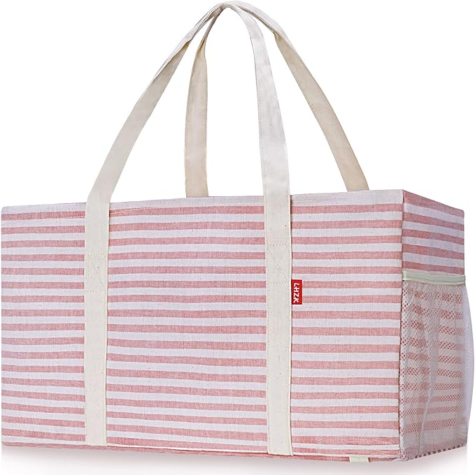 LHZK 2 Pack Extra Large Utility Tote Bag with Metal Wire Frame and the Sides Rinforced, Extra Large Tote Bag with Handle for Pool Beach Laundry Storage (Pink)