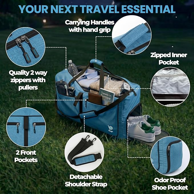 Bago Large Duffle Bag for Travel Women & Men. Durable Lightweight Foldable Travel Duffel Bags For Traveling Women. 80L Duffle Bags For Overnight Bag With Shoe Compartment Collapsible Weekender duffel