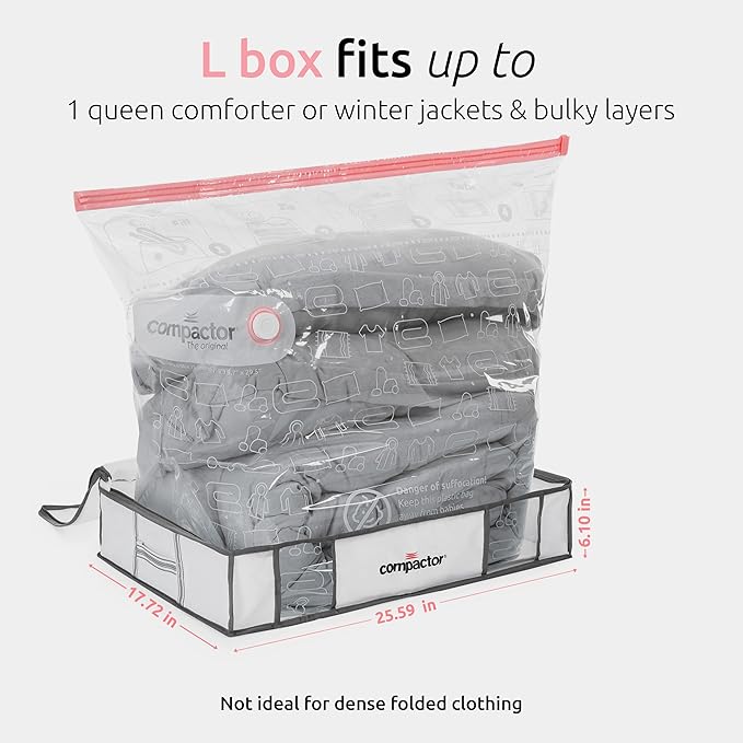 Compactor Under Bed Vacuum Storage Bag with Semi-Rigid Box, Closet Organizer, Vacuum Seal Bags for Clothing and Bedding, Fits All Vacuum and Nozzle Types, 145L, Large, White