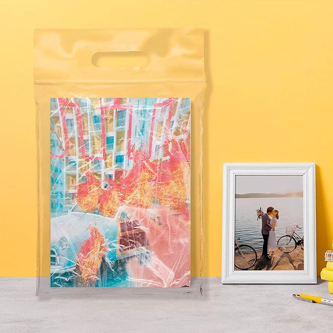 APQ Die Cut Zipper Bags, 13 x 15 Inches. Pack of 50 Clear Polyethylene Die Cut Handle Reclosable Zip Bags for Clothes, Tools. 3 Mil Thick Durable Reclosable Plastic Bags With Zipper Closure