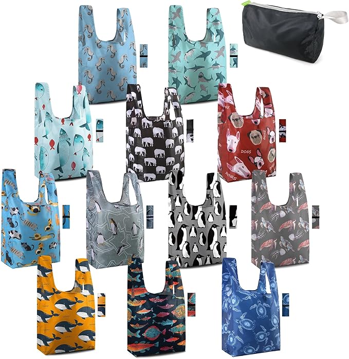 BeeGreen Animal Reusable Grocery Bags Bulk Gifts 12-Pack - Large Tote with Zipper Pouch | Foldable & Washable Polyester Shopping Bags Heavy Duty Animal Lover Gifts Reusable Bag With Handles