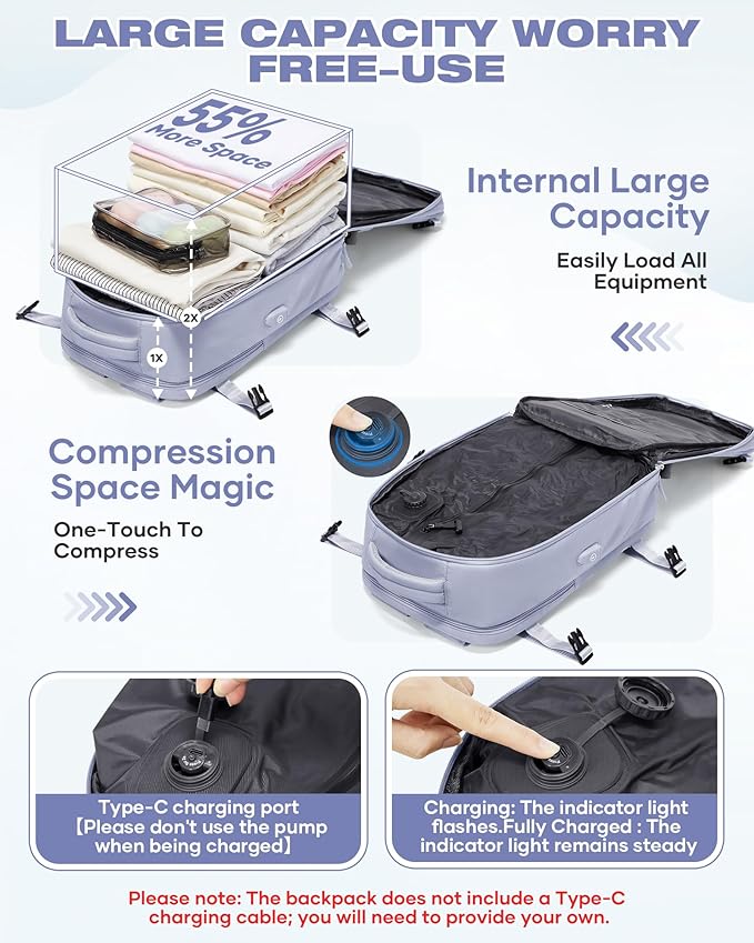 Vacuum Seal Travel Backpack Built-in Pump,Air Compression System Vacuum Vacpack Backpack Travel Bag for Women Men Carry On Suitcase Luggage Laptop Airlines Approved Daypack Space Saver Bags Purple