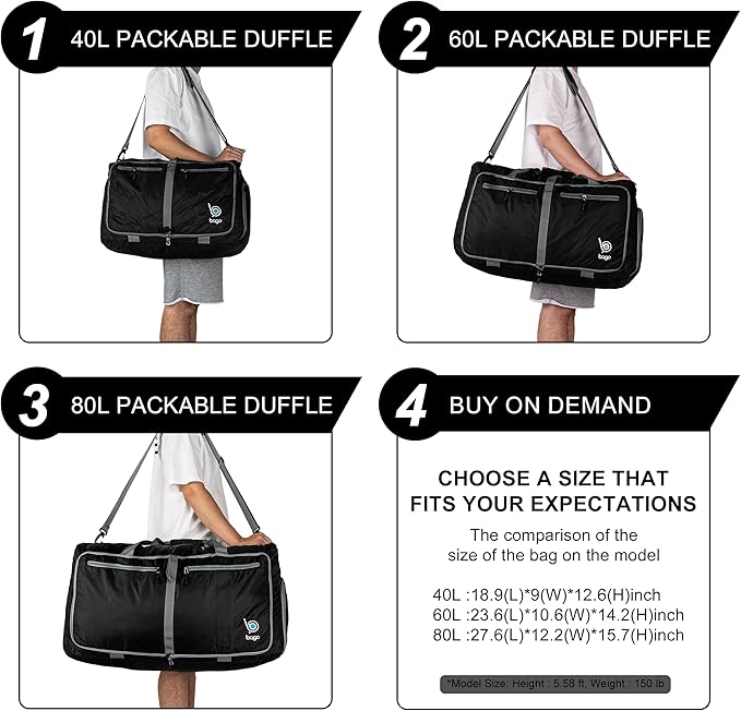 Bago Medium Duffle Bag for Travel Women & Men. Durable Lightweight Foldable Travel Duffel Bags For Traveling Women. 60L Duffle Bags For Overnight Bag With Shoe Compartment Collapsible Weekender duffel