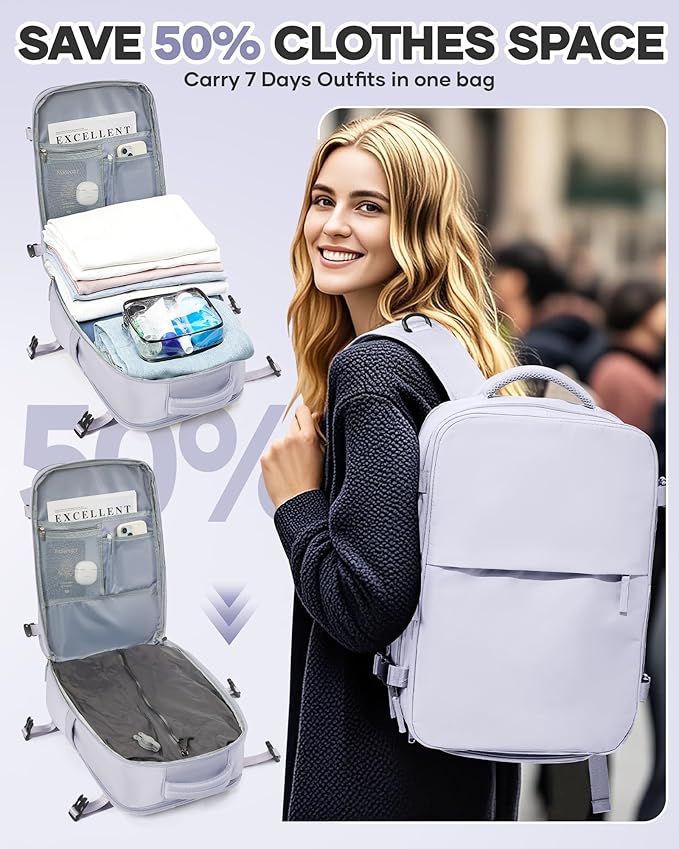WONHOX Vacuum Seal Travel Backpack with Air Pump,Compression Vacpack Waterproof Carry On Backpack for Travel Women Men with Vacuum System,Airlines Approved Daypack Laptop Space Saver Bags,Lilac