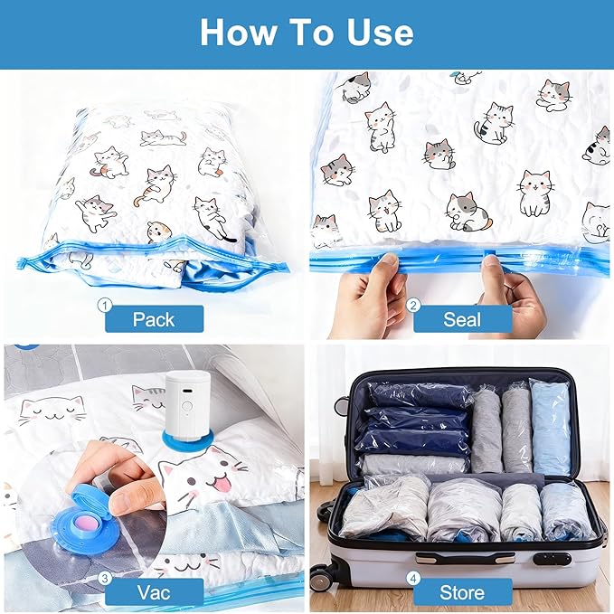 16 Pack Travel Vacuum Bags With Wireless Pump, Portable Compression Bags for Travel, Space Saver Vacuum Seal Bags for Clothing, Luggage, Pillows, Comforters, Reusable & Durable (16 PCS)