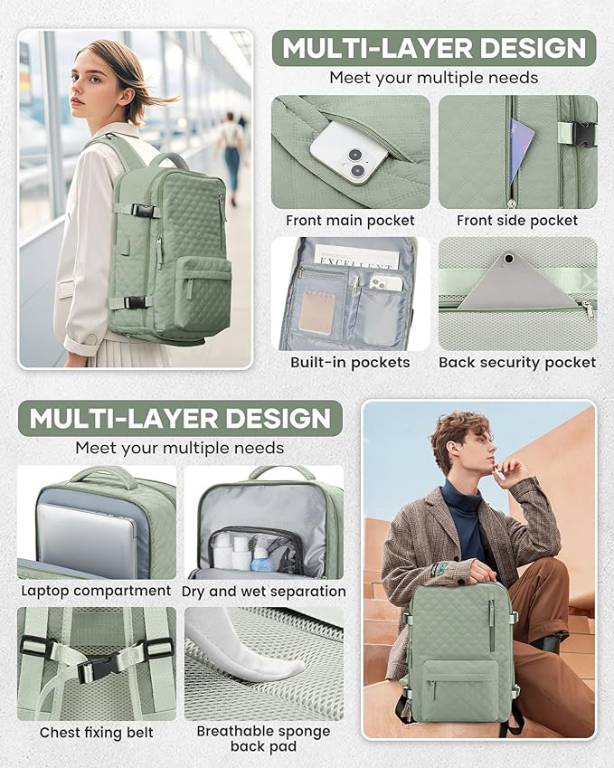 Travel Vacuum Storage Backpack with Air Pump Vacuum Seal Compression Space Saver Bags Clothing Vacpack 18x14x8 inches Travel Bag Carry on Personal item Laptop Work Backpacks Women LightGreen