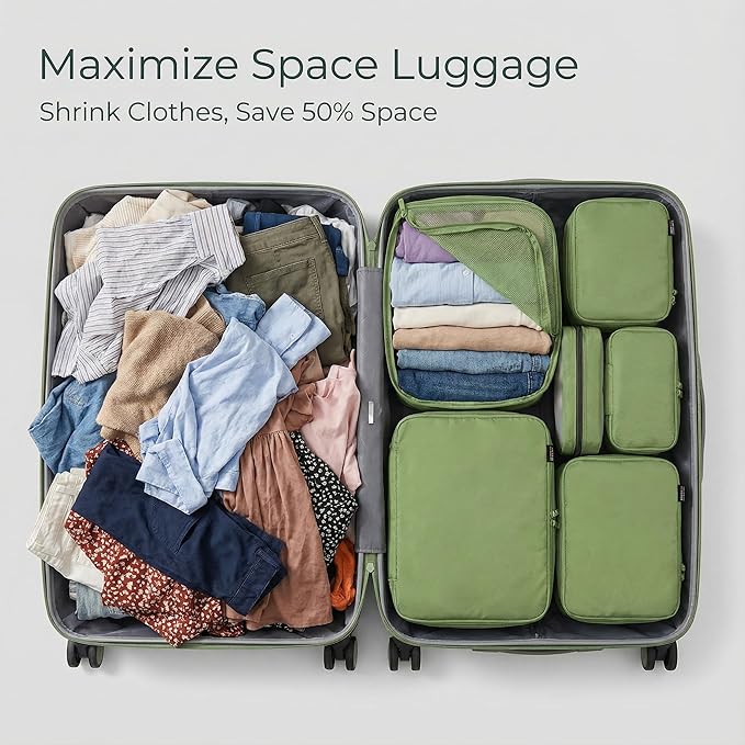 6 Set Compression Packing Cubes for 7–14 Day Travel, Durable Nylon Oxford Luggage Organizers with IP6X Waterproof Toiletry Bag, Expandable Suitcase Packing System (Forest Green)
