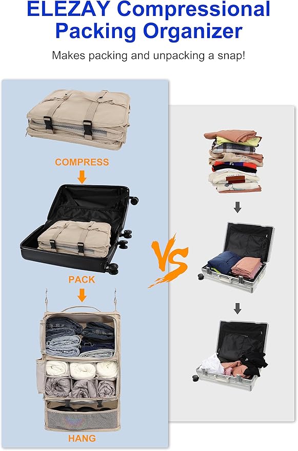 ELEZAY Hanging Packing Cubes Portable Closet 3-Shelf Travel Collapsible Compression Garment Organizer for Carry-on Luggage Suitcase Space Saver Bag XX-Large_No Side Pockets, Beige