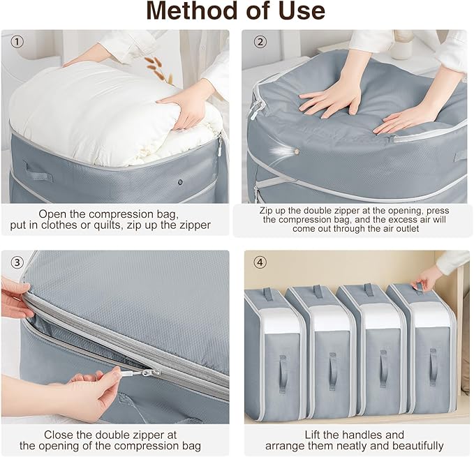 Homsorout 4 Pack Compression Storage Bags - 110L Large Capacity Comforter Storage Bag, 3-Layer Washable Ultra Space Saving Self Compression Organizer Space Bags for Blanket, Sweater, Sheet, Light Gray