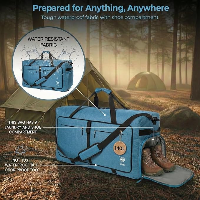 Bago Extra Large Duffle Bag for Travel Women & Men. Durable, Lightweight, Foldable Travel Duffel Bags For Traveling Women. 140L Duffle Bags Use As a Weekender Bag with Shoe Compartment, Checked Duffel