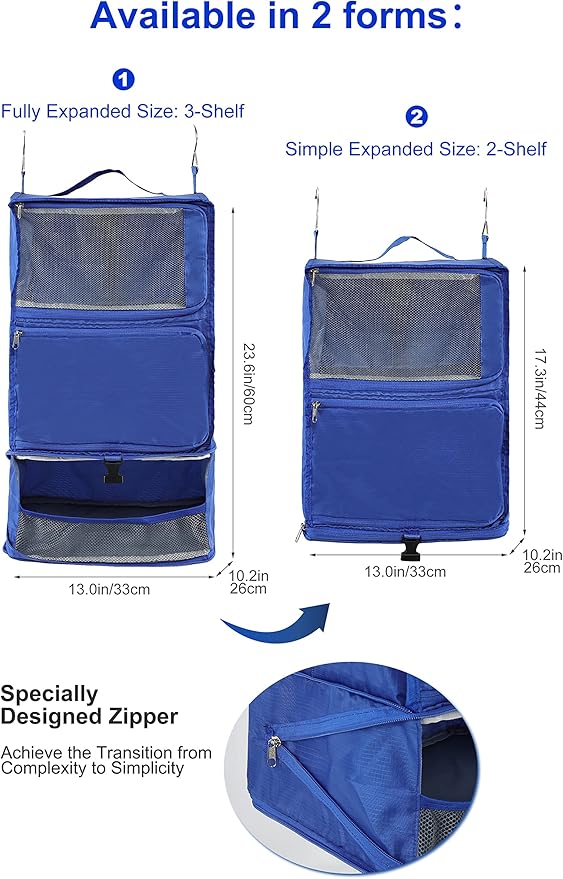 ELEZAY Hanging Packing Cubes Portable Closet 3-Shelf Travel Collapsible Compression Garment Organizer for Carry-on Luggage Suitcase Space Saver Bag X-Large_12*10 * 24 in, Blue