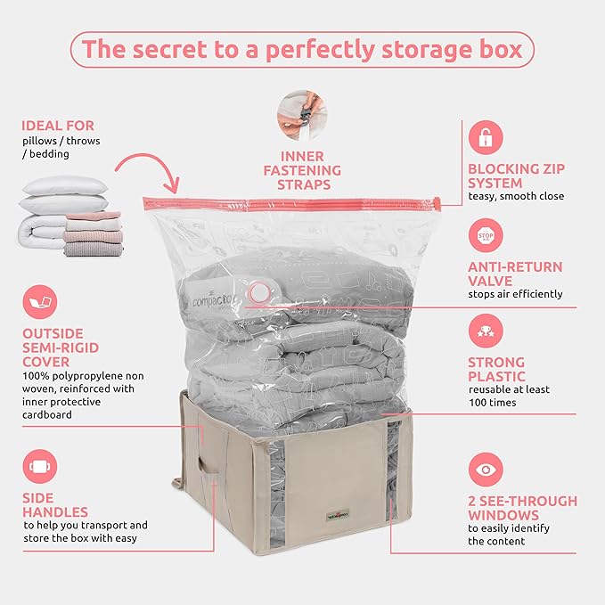 Compactor Vacuum Storage Bag with Semi-Rigid Structured Cube, Closet Organizer, Vacuum Seal Bags for Clothing and Bedding, Fits All Vacuum and Nozzle Types, 125L, Beige