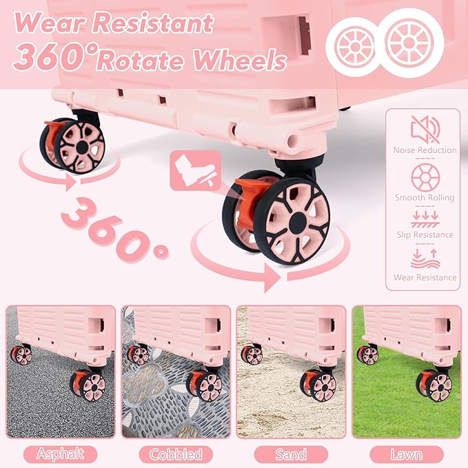 FELICON SELORSS Folding Utility Cart Rolling Crate Tote Basket Box Storage Handcart on 4 Swivel Wheels with Adjustable Handle Extended Magnetic Lid for Teacher Move Shop Travel Grocery Office(Pink)