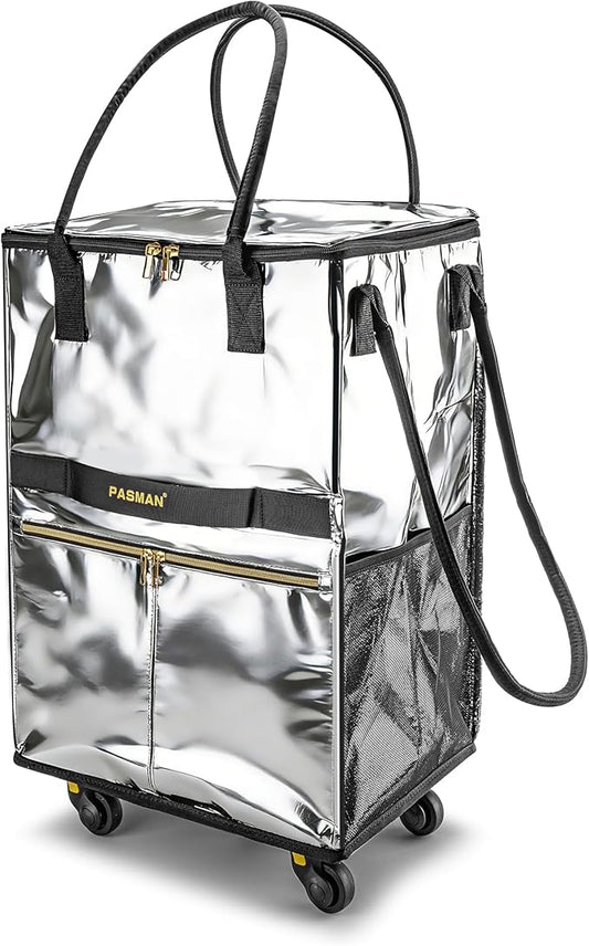 Reusable Grocery Bag on 5 Wheels, Foldable Rolling Tote Bag with Handle and Zipper Cover, Heavy Duty Shopping Cart for Laundry, Market & Travel (Silver, Medium_67L)