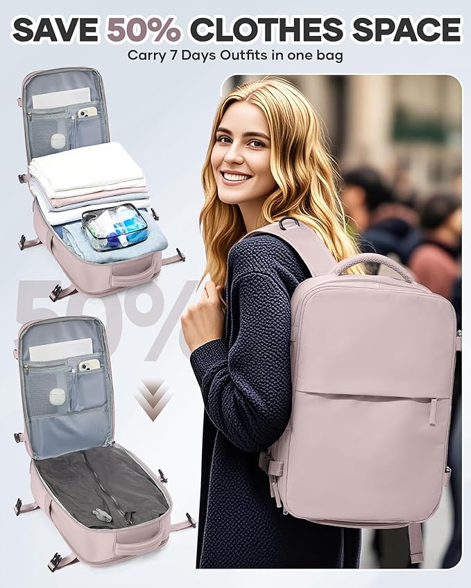 WONHOX Vacuum Seal Travel Backpack with Air Pump,Compression Vacpack Waterproof Carry On Backpack for Travel Women Men with Vacuum System,Airlines Approved Daypack Laptop Space Saver Bags,PinkPurple