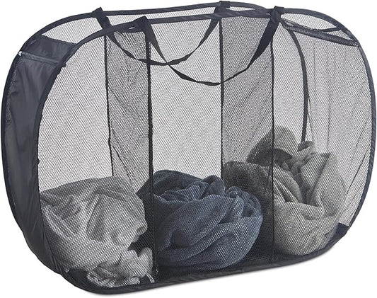 Seiritex Mesh Popup Laundry Hamper 3 Compartment Sortable Horizontal Collapsible Laundry Basket for Clothes Laundry Room Bedroom Toys Travel (Black)