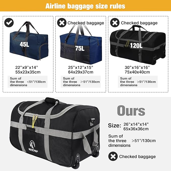 REDCAMP 85L/120L/140L Foldable Duffle Bag with Wheels, Large Travel Duffel Bag