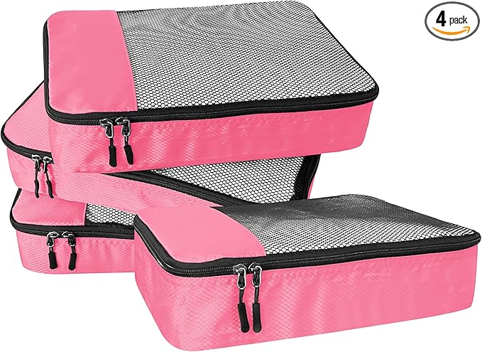 WTREE 4-Piece Packing Cubes Travel Accessories Set for Suitcases - Luggage Organizer Bags with Double Zipper - Mesh Top - Medium - Pink