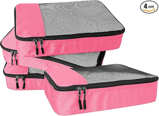 WTREE 4-Piece Packing Cubes Travel Accessories Set for Suitcases - Luggage Organizer Bags with Double Zipper - Mesh Top - Medium - Pink