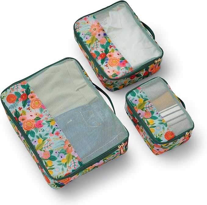 RIFLE PAPER CO. 3 Set Compression Packing Cubes with Zipper Pull & Laundry Bag | Organizer Travel Essentials for Luggage/Suitcase | Garden Party Pattern