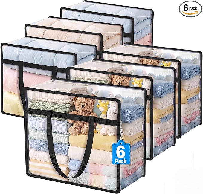 Budding Joy 6 Pack Clear Zippered Storage Bags for Clothes,40L Closet Organizers and Storage Containers Vinyl Moving Bag for Bedding, Linen, Blankets, Comforters, Clothing & Toys, Black
