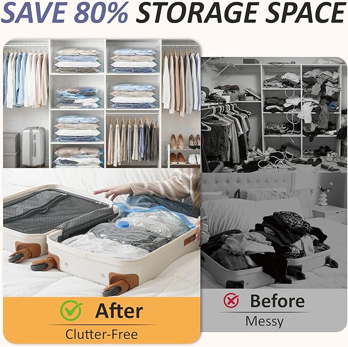 Cozy Essential Vacuum Storage Bags, 80% Compression Vacuum Seal Space Saver Plastic Packaging Bags for Clothes, Blankets, Pillow, Bedding, Comforters, Sealer Clothing Storage,25 Combo