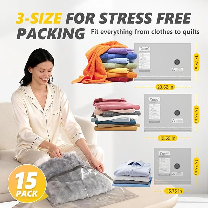 15 Pack Vacuum Storage Bags with -70KPa Electric Pump, Premium Tear-Resistant Reusable Bags for Clothing, Space Saving Essentials for Travel, White