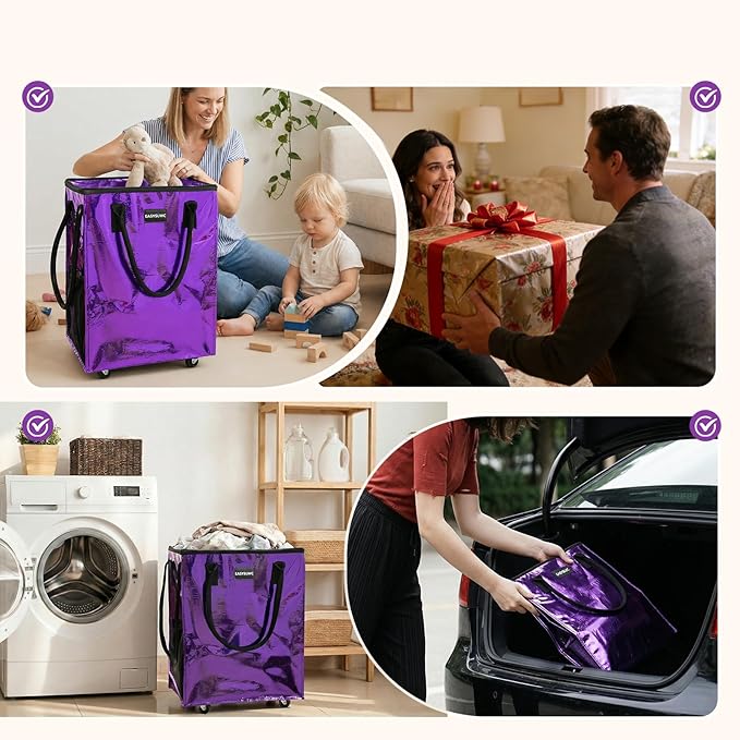 Reusable Hauler Rolling Tote Bag, Collapsible Portable Shopping Bag with Wheels for Groceries, Apartments Laundry, Organization , Heavy Duty Utility Tote Bag, Travel and Moving, 75lbs, Glossy Purple