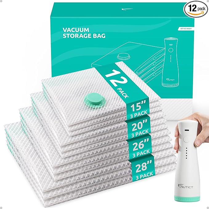 NUTICT 12 Pack Vacuum Storage Bags for Travel with Rechargeable Electric Pump, Long-Term Reusable Vacuum Seal Bags for Clothes and Blankets Compression, Carry-on Space Saver for Luggage and Suitcase
