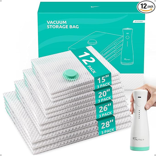 NUTICT 12 Pack Vacuum Storage Bags for Travel with Rechargeable Electric Pump, Long-Term Reusable Vacuum Seal Bags for Clothes and Blankets Compression, Carry-on Space Saver for Luggage and Suitcase