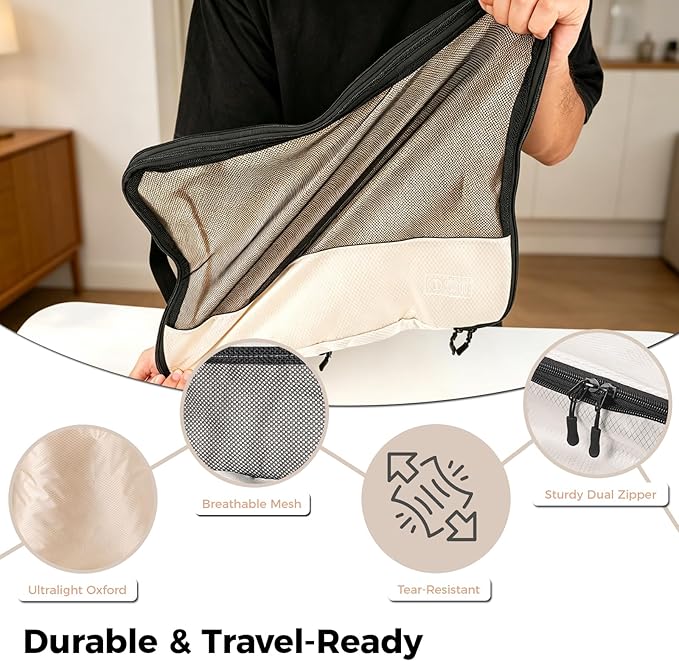 8-Piece Compression Packing Cubes for Travel, Ultralight Aesthetic Luggage Organizer Set, Space Saving Double Zipper Design for Carry-On & Suitcase Organizer, Travel Essentials- Beige