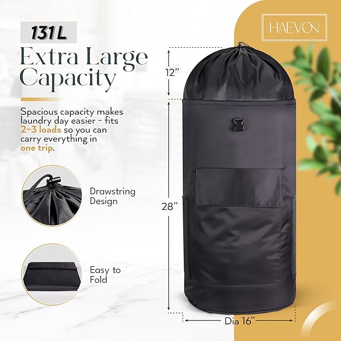 Haevon Laundry Backpack - 131L Heavy Duty Laundry Bag with Padded Shoulder & Waist Straps, Removable Liner - College, Dorm, Apartment, Travel, Outdoor - Big Laundry Bag for Easy Carrying (Black)