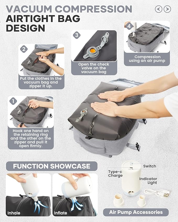 Travel Vacuum Storage Backpack with Air Pump Vacuum Seal Compression Space Saver Bags Clothing Vacpack 18x14x8 inches Travel Bag Carry on Personal item Laptop Work Backpacks Women Men Grey
