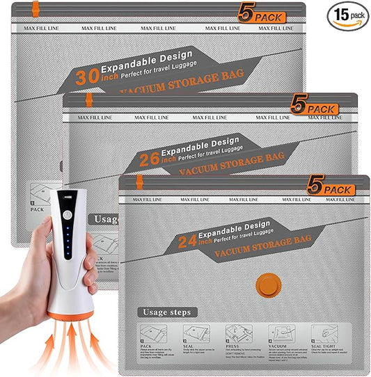 Vacuum Seal Bags for Clothing Travel, Rechargeable Wireless Pump, Portable Space Saver Bags for Clothing Travel in 3 Combo sizes, Compression Packing for Luggage, Seasonal Storage 15 Combo set