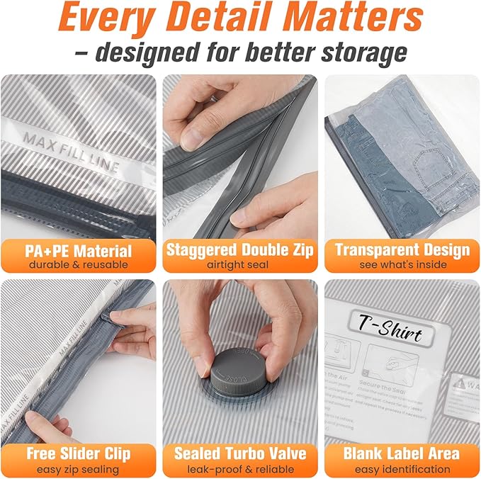 15 Pack Vacuum Storage Bags for Travel with Rechargeable Cordless Pump, Space Saver Bags for Clothes, Compression Packing Bags for Luggage and Suitcase, 15 Combo Size