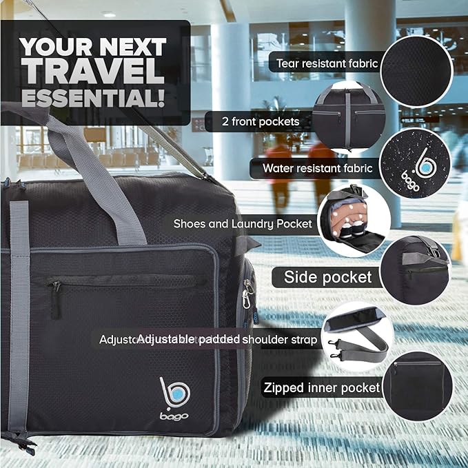 Bago Extra Large Duffle Bag for Travel Women & Men. Durable, Lightweight, Foldable Travel Duffel Bags For Traveling Women. 140L Duffle Bags Use As a Weekender Bag with Shoe Compartment, Checked Duffel