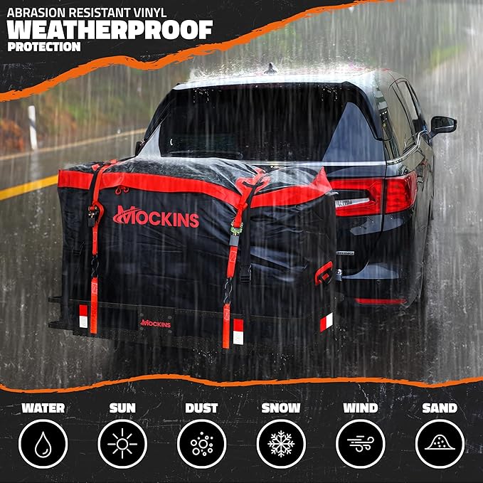 Mockins 48"x18"x6" Folding Trailer Hitch Cargo Carrier & 15 Cu Ft Waterproof Cargo Bag with Packing Cube Set of 4 | Weatherproof 500 Lbs Cap Luggage Rack for SUV Truck Van Car Trailer with Accessories